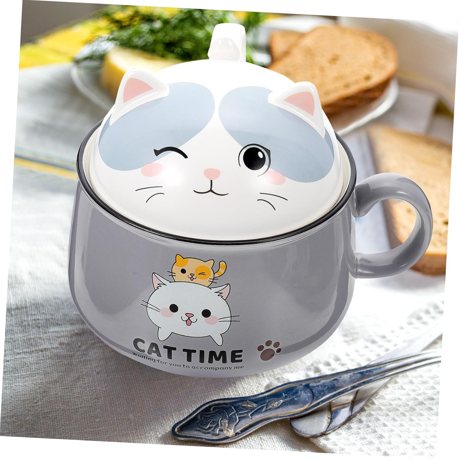 1020mL Ceramic Cat Bowl Handle Covered Instant Noodles Bowl for Cats Decorative Tableware for PET Feeding