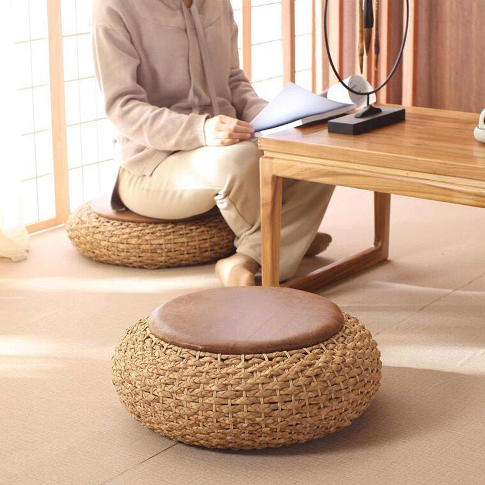 Tatami - Cojín de suelo, cojín redondo tejido, tapete de meditación y yoga hecho a mano para uso en interiores y exteriores, almohada suave para jardín, comedor, sala de estar