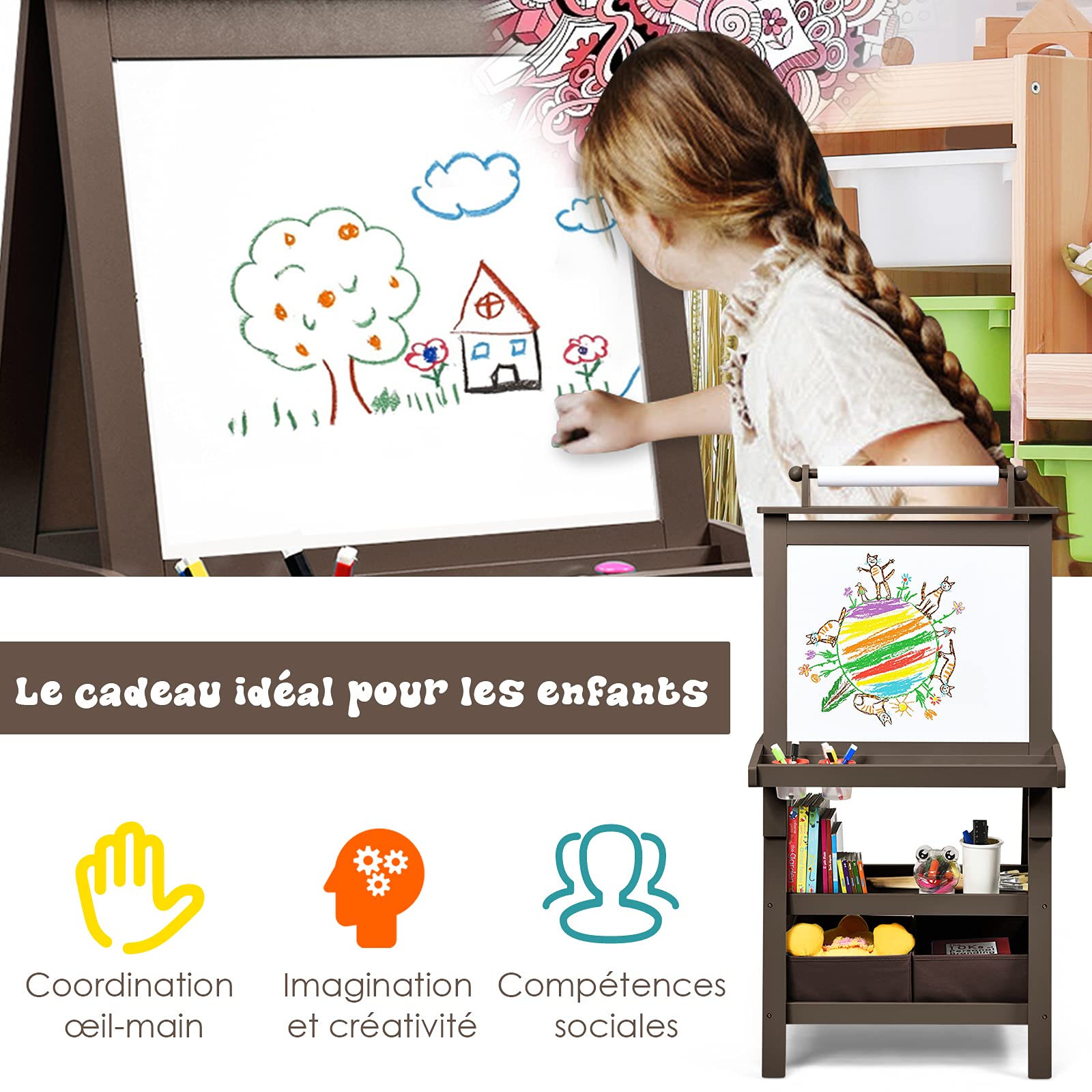 DREAMADE Chevalet Peinture pour Enfants avec Double Faces Noir et Blanc, Table àDessin pour Fille et Garçon avec 2 Étagères de Rangement, Multifonctionnel avec Accessoires Riches (Café)