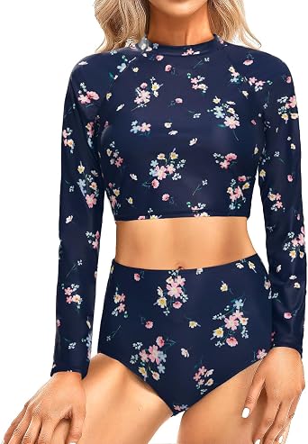 Pinup Fashion Rash Guard 2 Piece - UPF 50+ UV Protection Long Sleeve Crop Top Swimsuit with Bottoms