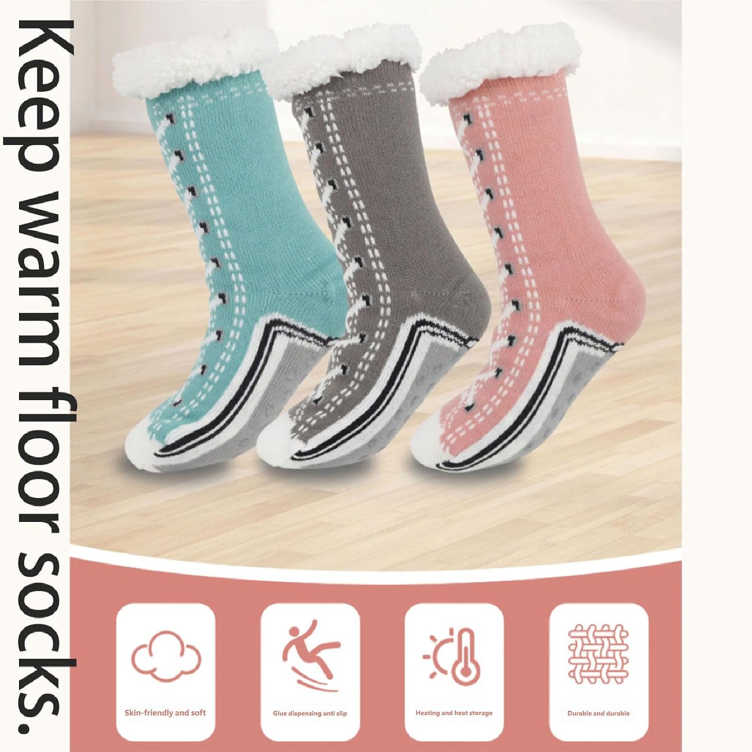 Warm Cozy Fuzzy Slipper Socks, Cashmere Fleece Lined Socks with Non-Slip Silicone Grip Dots, Ultra-Thick Cute Slipper Home Socks for Women Men