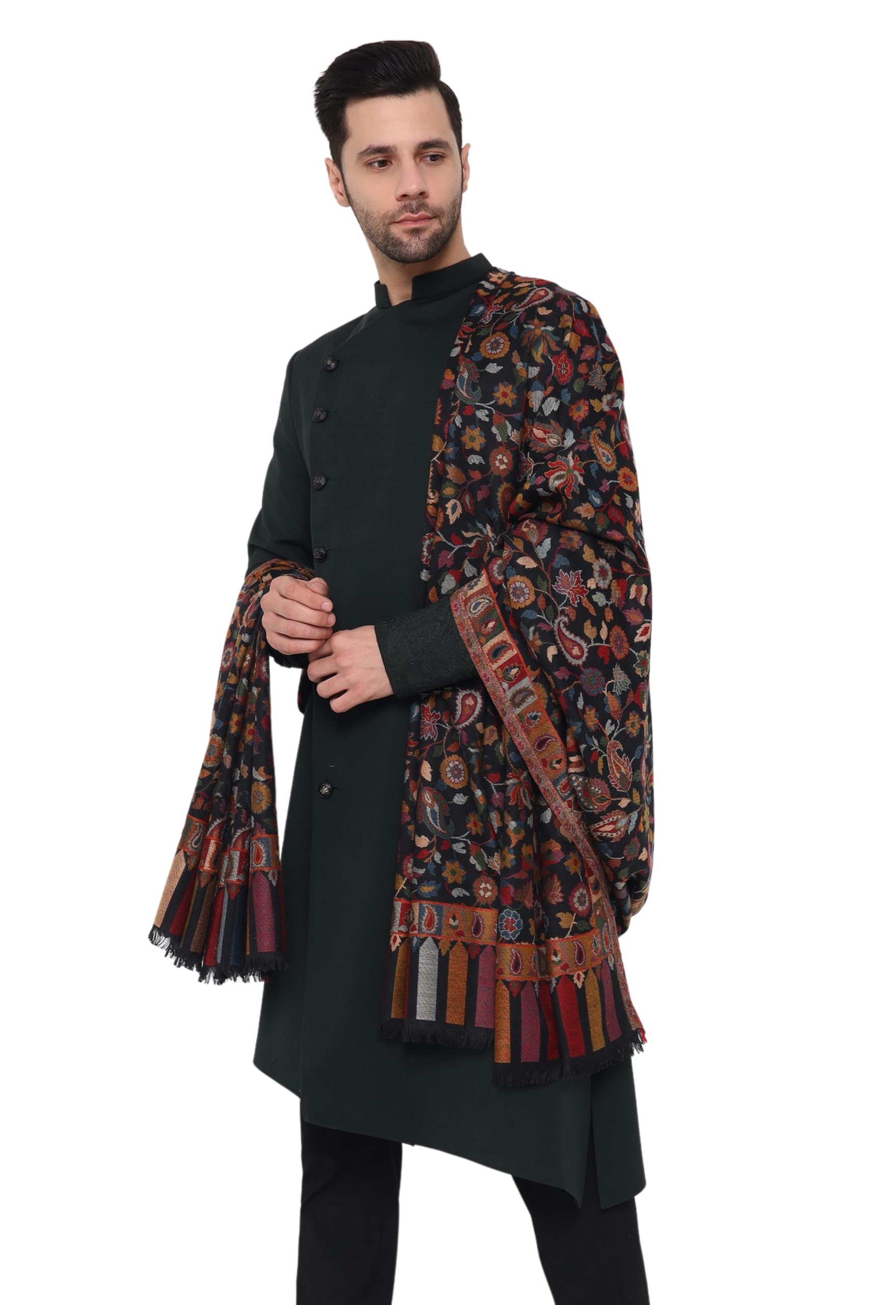 pashtush Mens Extra Fine Wool Shawl, Paisley Design, Black-picture-34