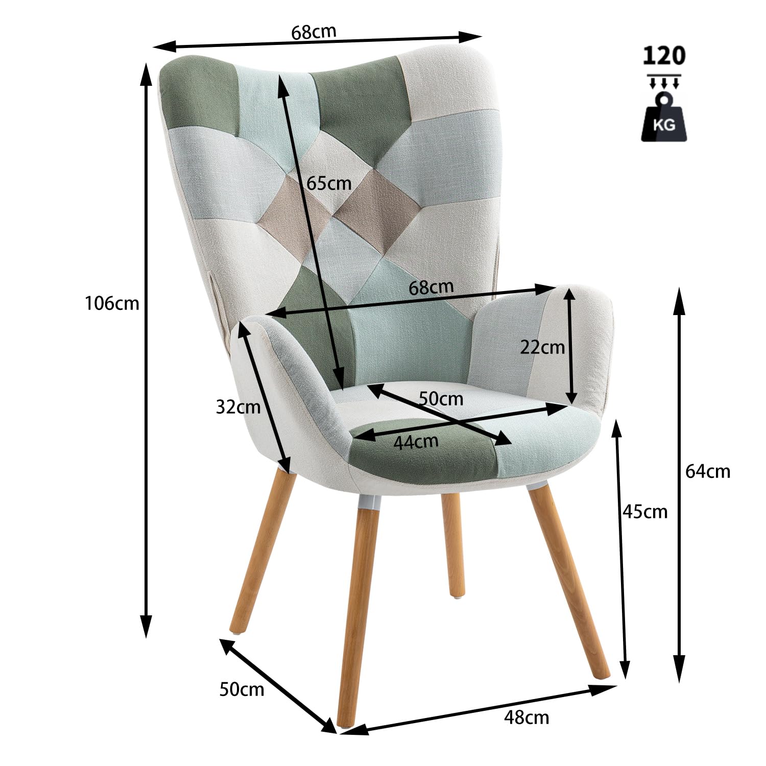 Fauteuil Patchwork Aqua avec Assise et Dossier Épais pour Réunion de Bureau Design Ergonomique Fauteuil Scandinave en Tissu Résistant pour Salle Conférence Entreprise Hauteur d'Assise 45 cm