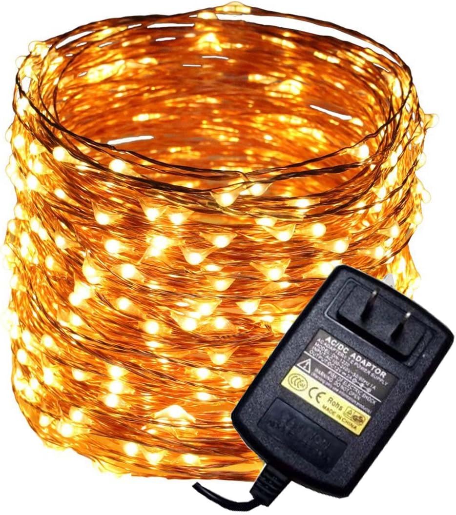 99ft 300 LED Warm White Copper Wire Waterproof String Fairy Light Lamp Decoration Lighting with 12V AC Adapter for Christmas Party Wedding(30m)