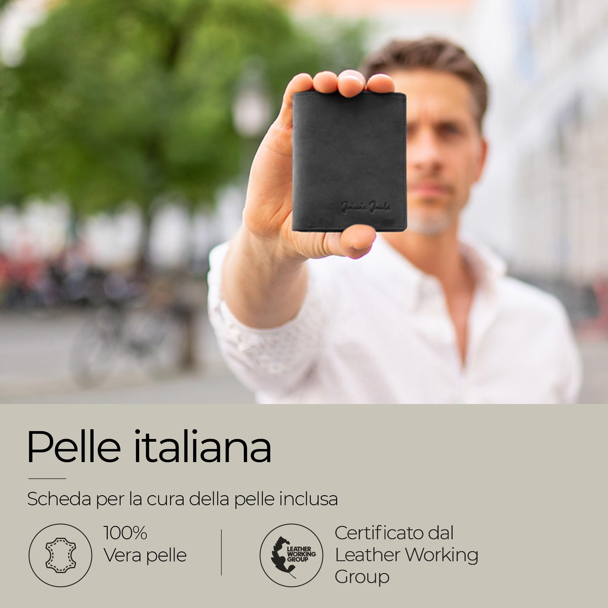 Jaimie Jacobs SLIMSTAR Portafoglio Uomo Piccolo con protezione RFID Porta Carte di Credito (Vano Apple AirTag, Pelle Di Bufalo Nero)