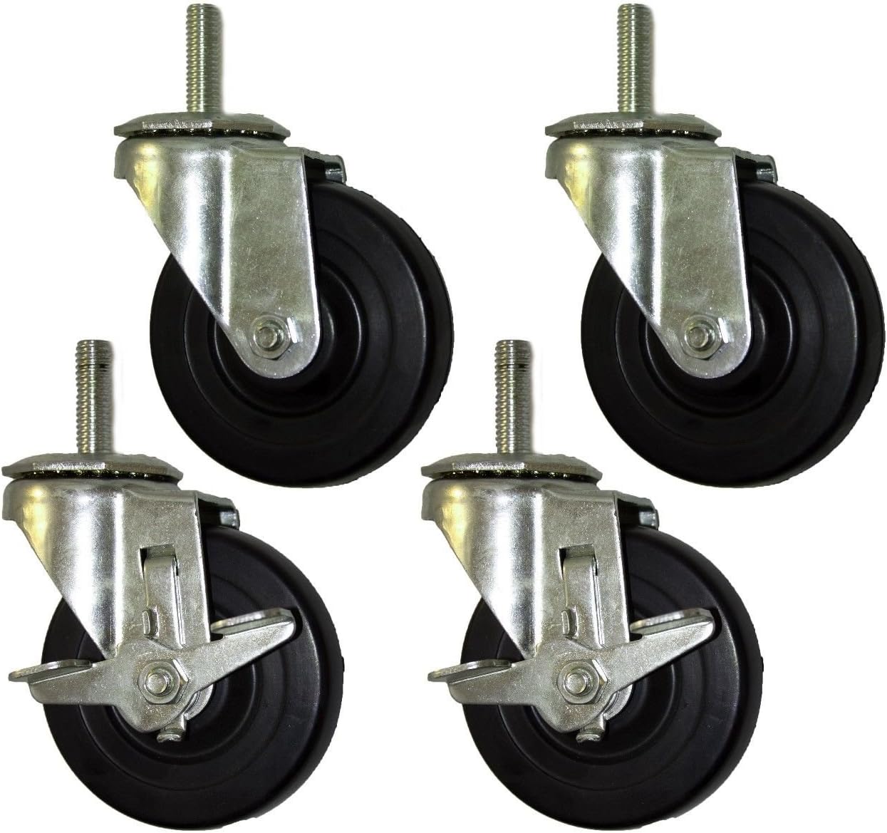 4" Swivel Casters with 1/2"x1-1/2" Threaded Stem & Polyolefin Wheels (4 Pack)