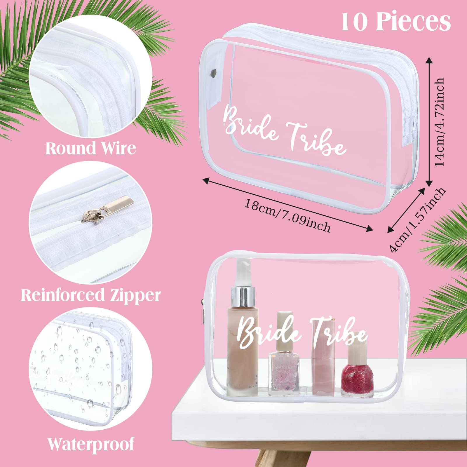 Amylove 10 Stück Braut Tribe Kosmetiktasche Clear Make-up Taschen Kulturbeutel Make-up Reise Kosmetik Make-up Tasche Klar PVC Reisetasche für Hochzeit Party Brautjungfer Vorschlag Brautgeschenk,