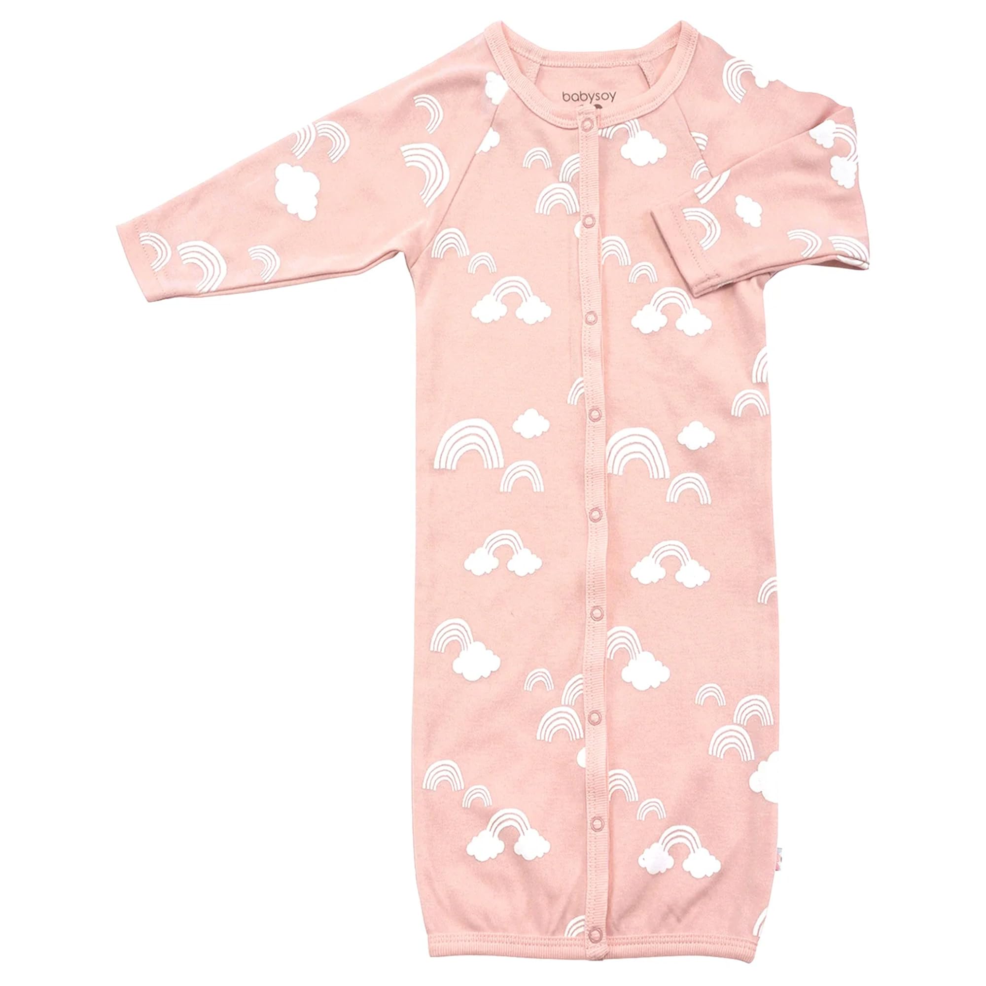 Babysoy Baby Long Sleeve Gown Sleep Sack | Made with Organic Cotton &amp; Azlon from Soy | Ultra Soft Nightgown for Easy Diaper Changes | Modern Prints, Reversible Mittens (0-3 Months,Rainbow Peony)