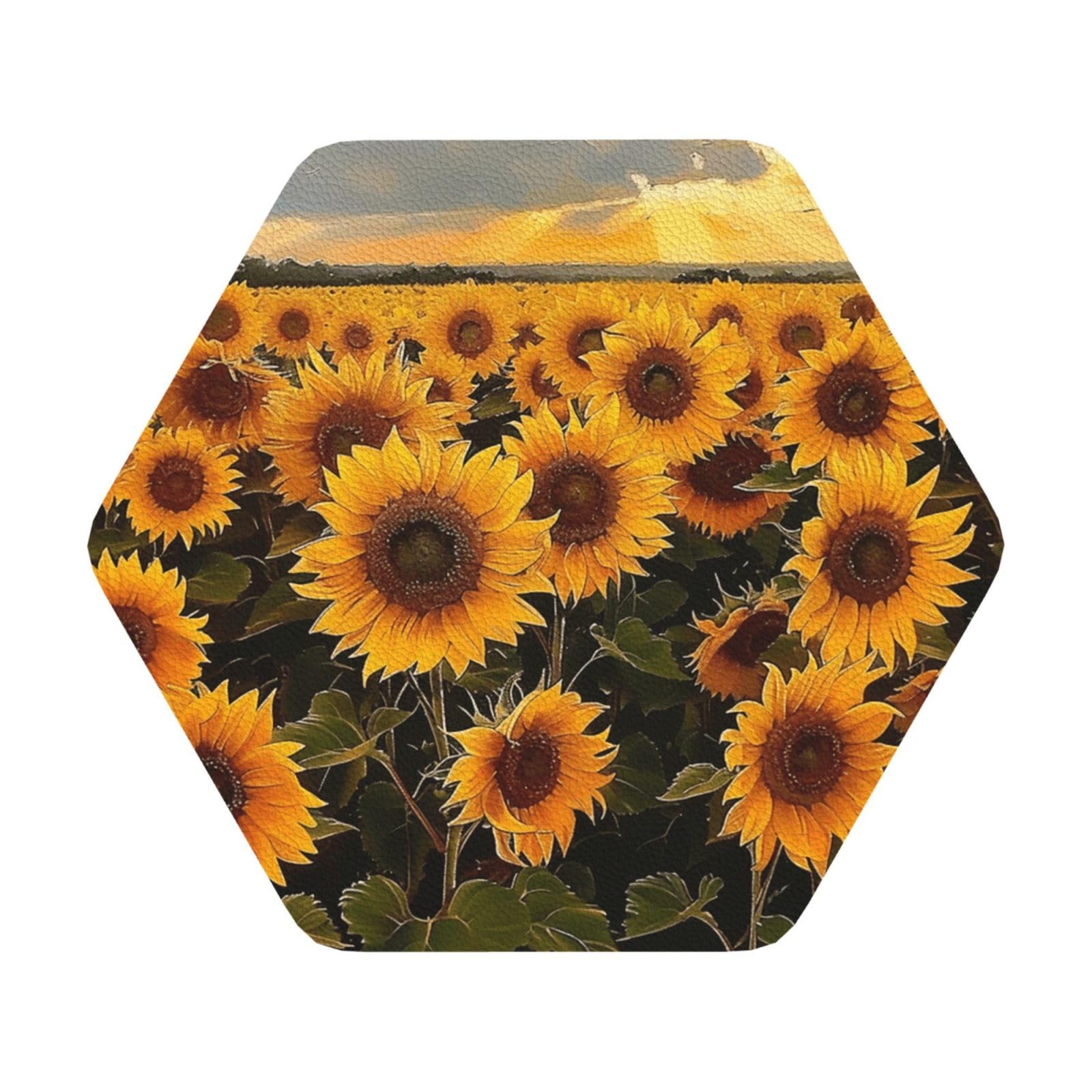 Sunflowers Print Leather Coaster Set of 6, Hexagon Coasters Table Decorative Coffee Cup Beverage Coasters Wine Beer Bar Coasters for Hot Drinks Table Protection
