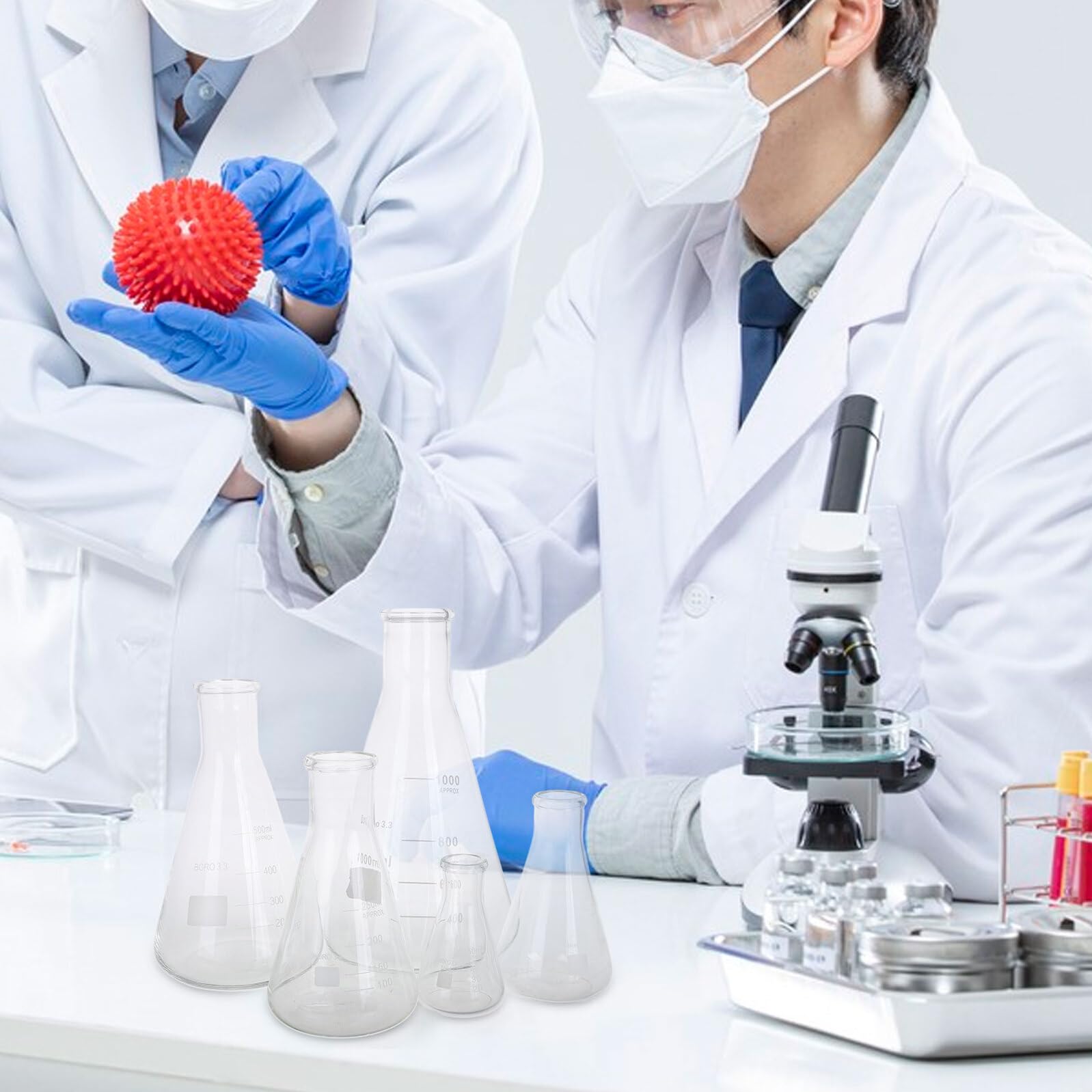 Juego de 5 Matraces de Vidrio de Borosilicato de Alta Resistencia, Base Triangular y Capacidad Variada para Pruebas Científicas en Laboratorio