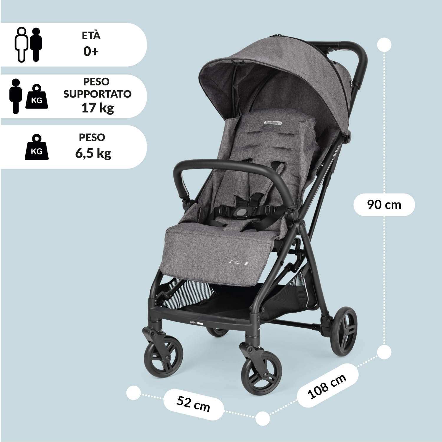 PEG Selfie Passeggino Leggero dalla Nascita fino a 22 kg (0 - 4 anni), Pieghevole e Compatto, Chiusura Automatica, Schienale Reclinabile, Capottina UPF 50+, Quarz