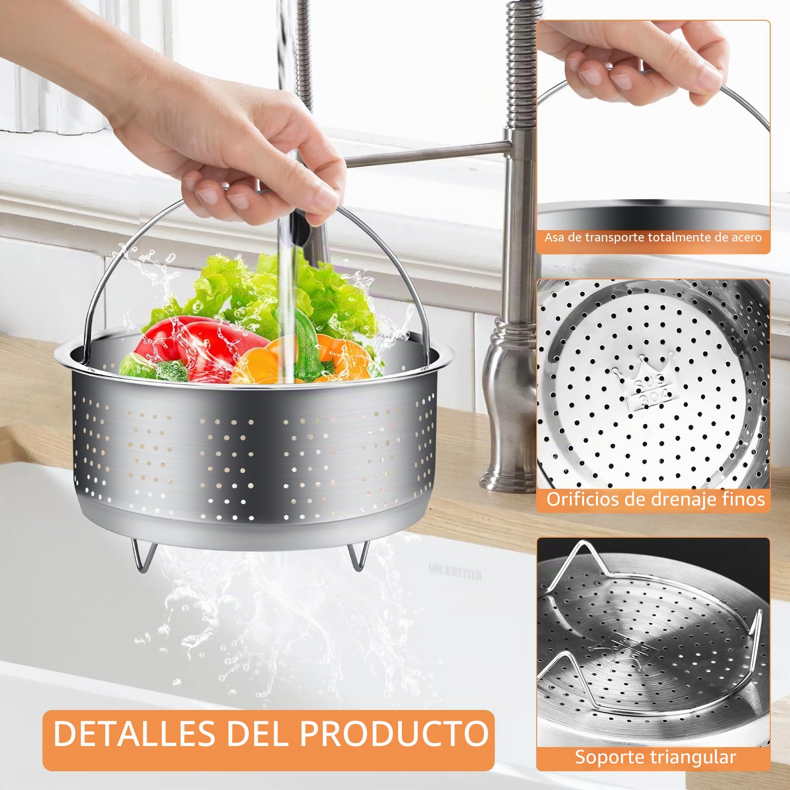 Cesta de Vapor Inoxidable 304, Vaporera Multiusos con Mango para Verduras, Pescado, Huevos