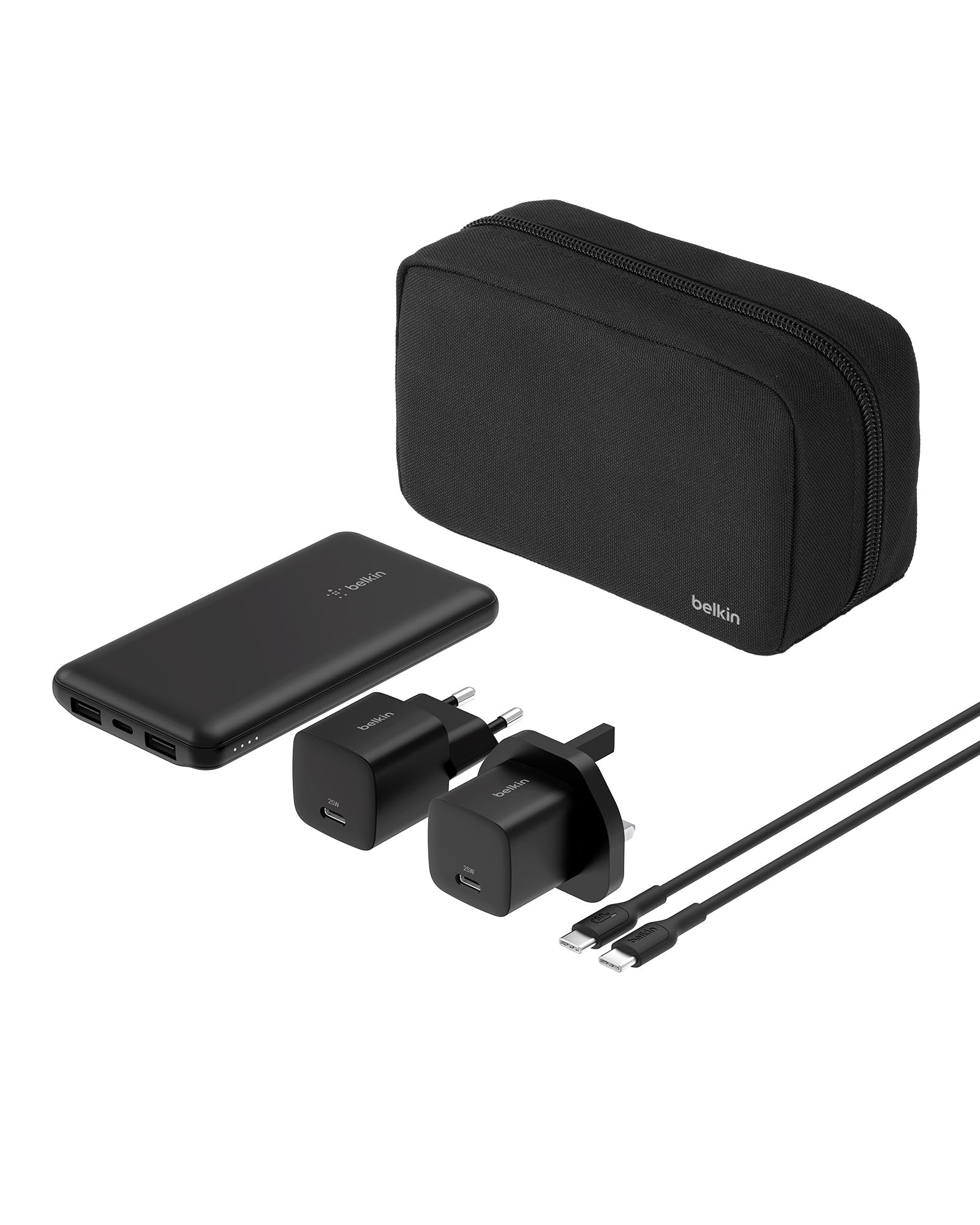 Belkin Solution de Recharge Portable 5-en-1 avec Batterie Externe de 10000 mAh, Chargeur Secteur USB-C de 25 W, fiches européenne et Britannique, câble USB-C de 60 W et Pochette de Transport