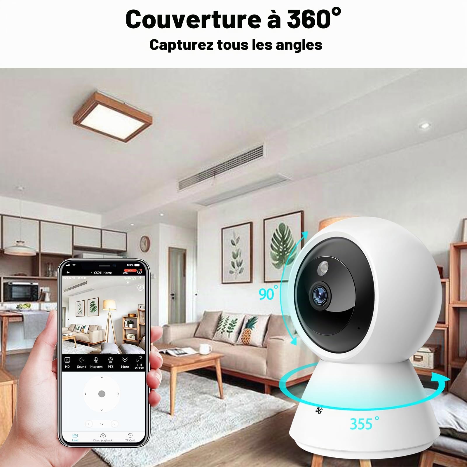 Caméra Surveillance WiFi intérieure 2K(4MP) , 5G/2.4 GHz WiFI Camera, Suivi de Mouvement à 360°, Détection Humaine AI, Vision Nocturne, Audio Bidirectionnel, Compatible avec Alexa pour Bébé/Animaux