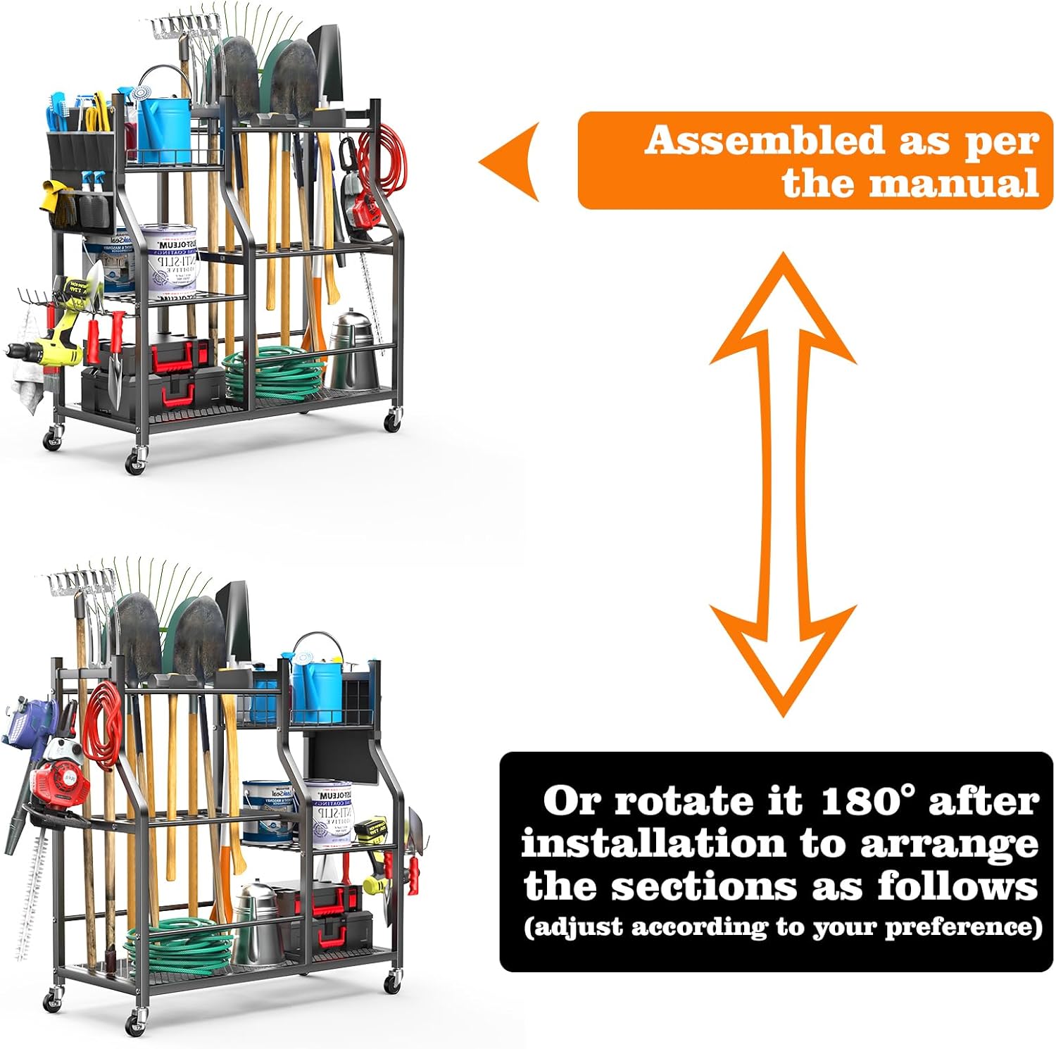 36" Large Garden Tool Organizer with Wheels & Side Tool Bag, 3 Tier Rolling Garage Storage Rack for Long Handled Rakes, Shovels, Brooms, Freestanding Yard Tools Cart for Shed & Outdoors