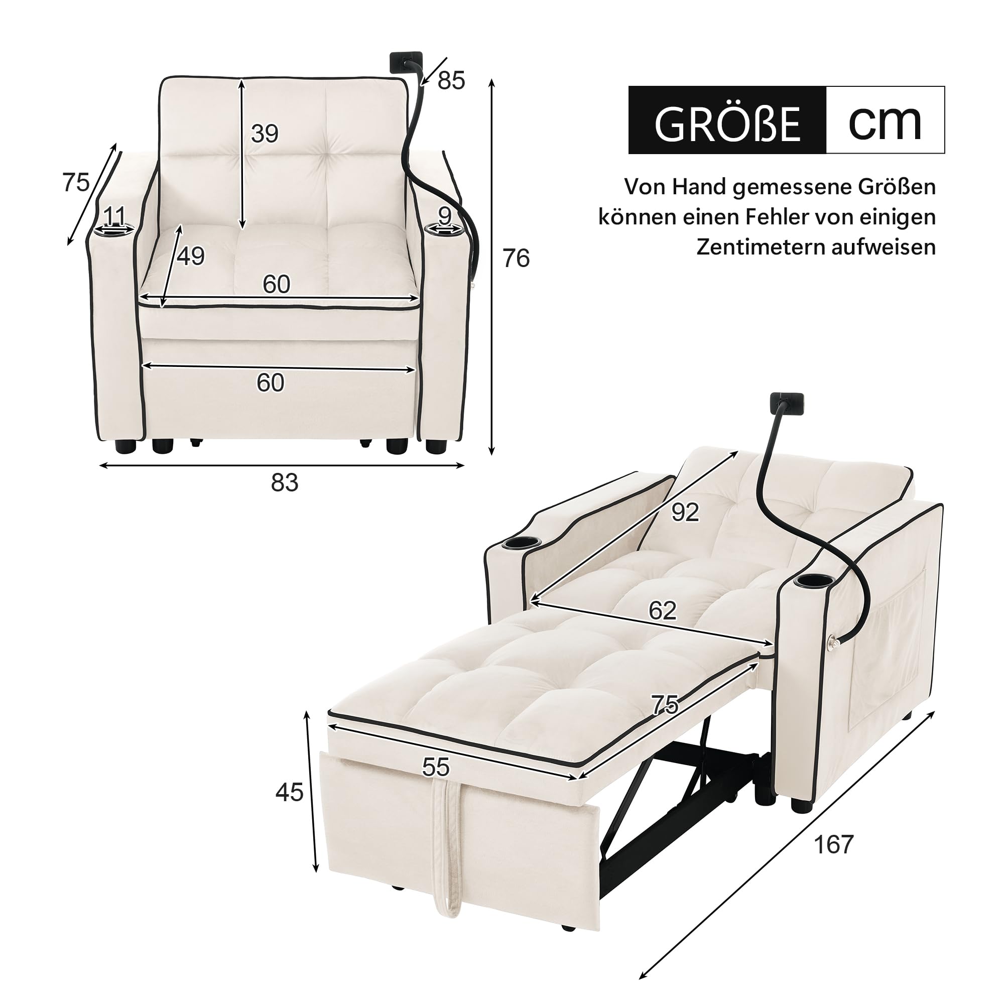 Divano letto singolo allungabile 3 in 1 – con portabevande e supporto per cellulare, poltrona reclinabile, ideale per piccoli spazi, 83 x 167 x 76 cm (beige)