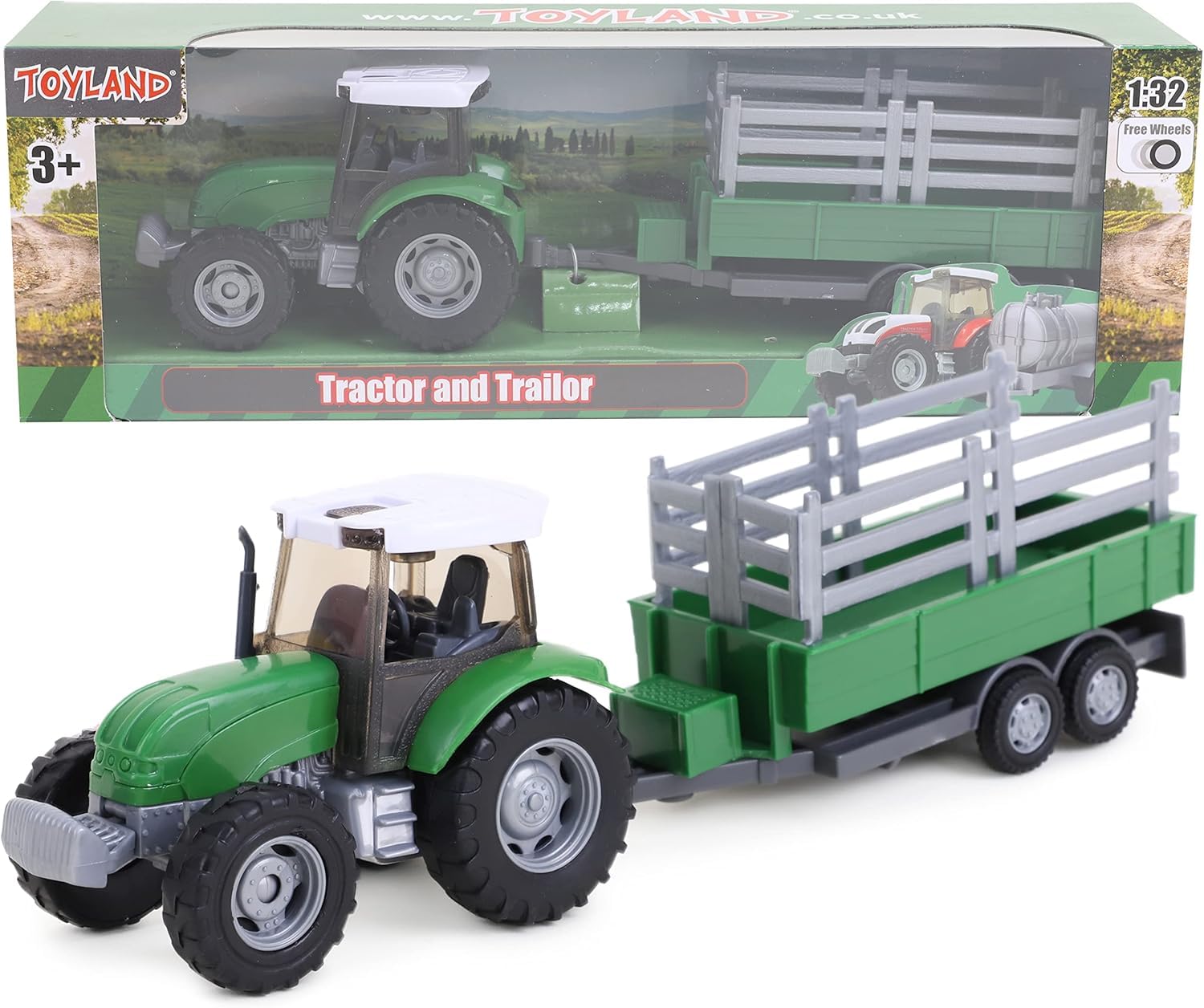 Toyland 22.5cm Farm Tractor & Tanker/Trailer Set - Free Wheel Action - Boys Farm Toys (Green Trailer)