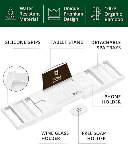 Miniatura 20 de Royal Craft - Bandeja de bambú para bañera con soporte para libro y vino Bambú Negro,Negro (plegable),Bambú carbonizado (marrón),Gris