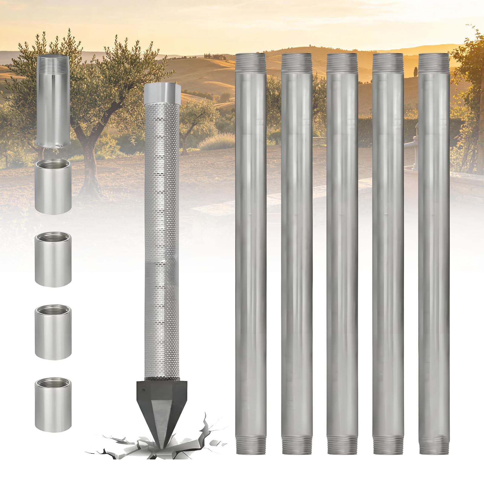 Gavscient Heavy Duty Sand Point Well Kit, 1-1/4" Stainless Steel Drive Point with 60 Gauge Mesh, Professional Shallow Well Drilling Tool, Galvanized Pipes and Drive Couplings 6m
