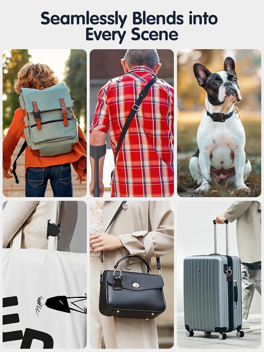 A collage of six images showing the tracker attached to various items: a backpack, a person's shoulder strap, a dog collar, a bag strap, a handbag, and luggage.