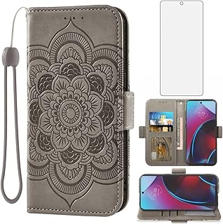 Asuwish Compatible with Moto G Stylus 2022 4G Wallet Case and Tempered Glass Screen Protector Flip Card Holder Flower Folio Purse Cell Phone Cover for Motorola GStylus XT2211DL XT2211 Women Men Gray
