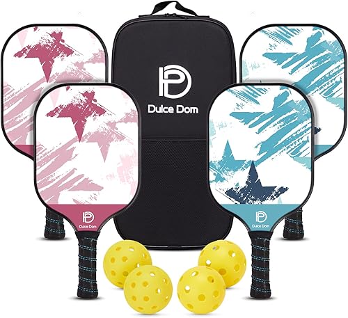 DULCE DOM Juego de 24 palas de pickleball aprobadas por USAPA, 4 bolas de pickleball para interiores y exteriores, raqueta de superficie de fibra de