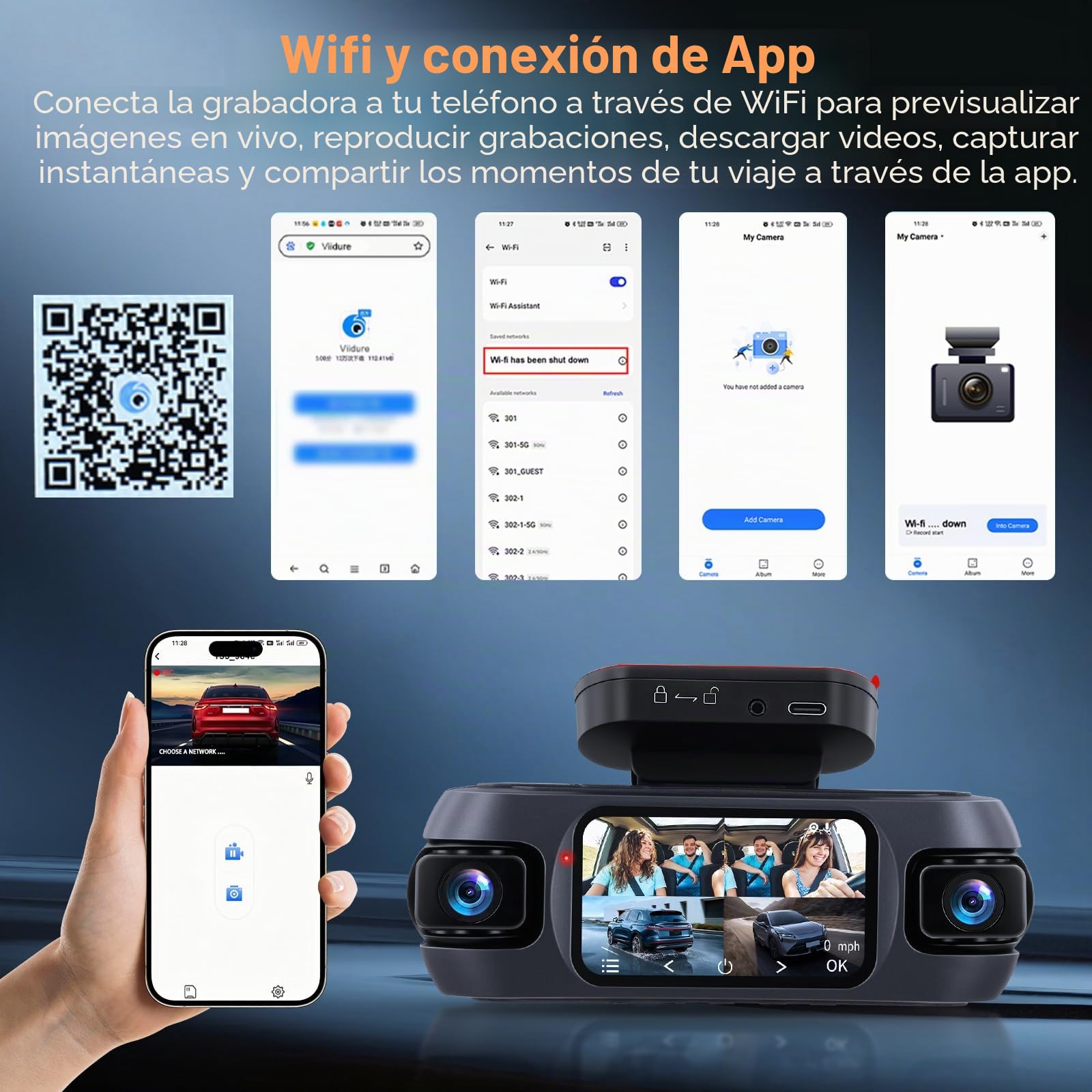 Hikity Cámara de Salpicadero 4K con 4 Canales | Control Wi-Fi y Aplicación, Pantalla IPS de 3'', GPS, Grabación Nocturna y Cámara de Marcha Atrás