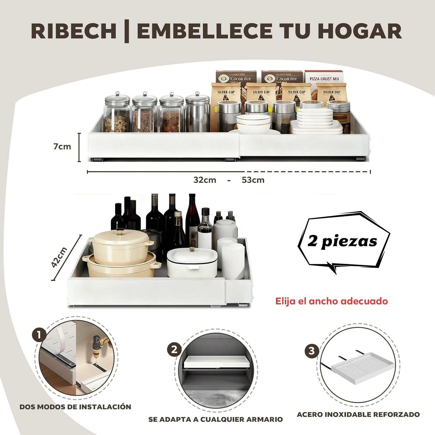 Paquete de 2 Organizador de Armario Extraíble Blanco – Ancho Ajustable 32-53 cm, Profundidad 42 cm – Cajón con Adhesivo para Cocina, Sin Taladrar