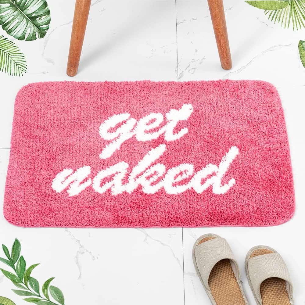 Get Naked Bath Mat, Cute Bathroom Rug Microfiber Funny Shower Floor Bath Mat Non Slip Kids Bath Rugs, Home Decor Carpet Super Absorbent Tub Toilet Aesthetic Mat Machine Washable, 31.5x20in, Pink