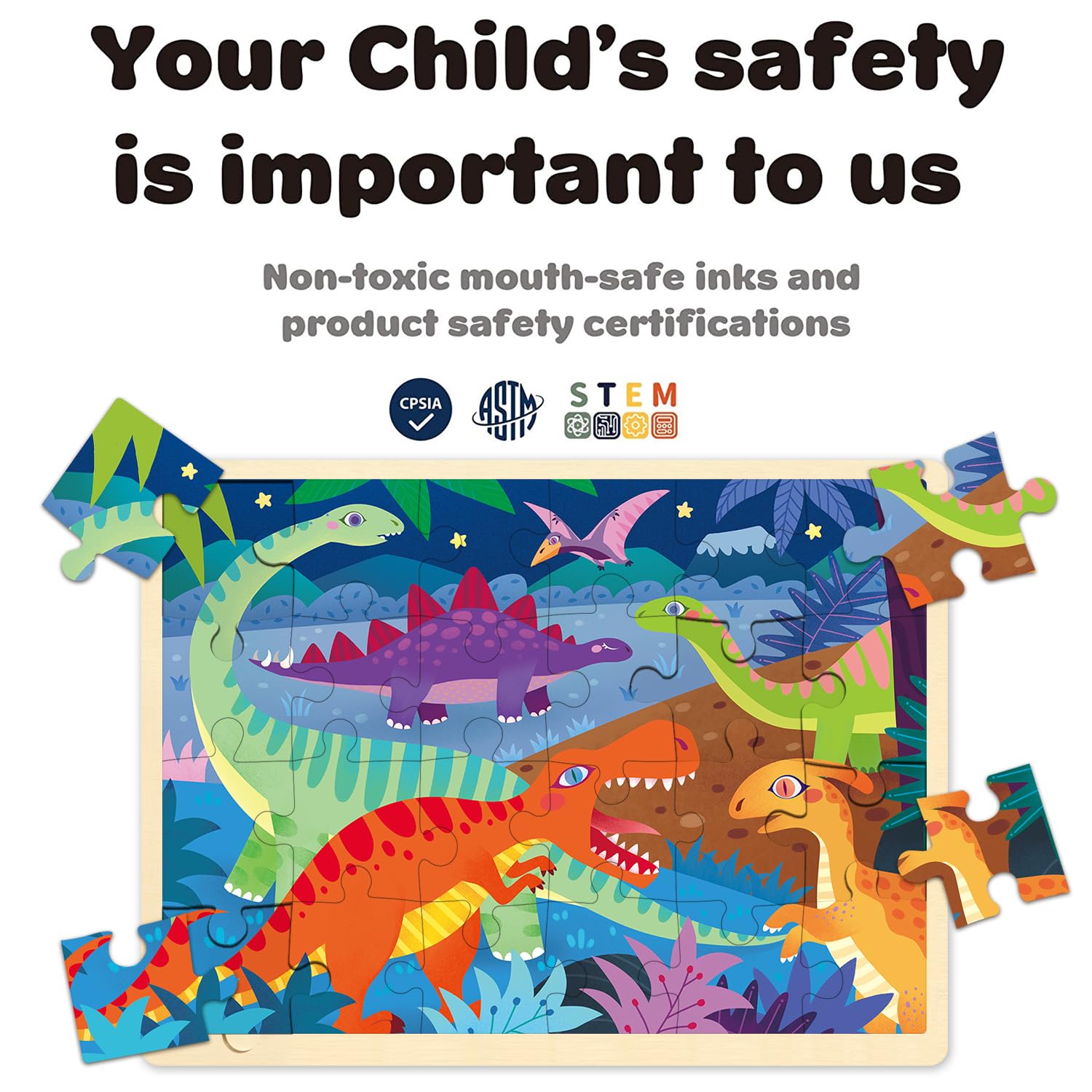 Amazon | MoinKidz 24ピースパズル 3歳用 恐竜木製ジグソーパズル 3~5