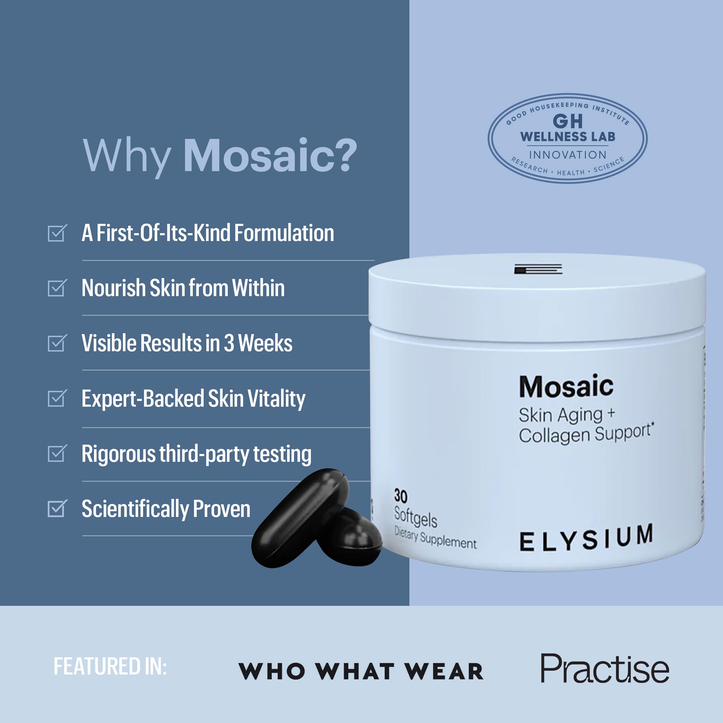 ELYSIUM Mosaic – Hyaluronic Acid & Collagen Supplement – Clinically Proven to Hydrate Skin & Reduce Fine Lines – Fights Visible Signs of Aging – 30-Day Softgel Supply — Amazon image 6