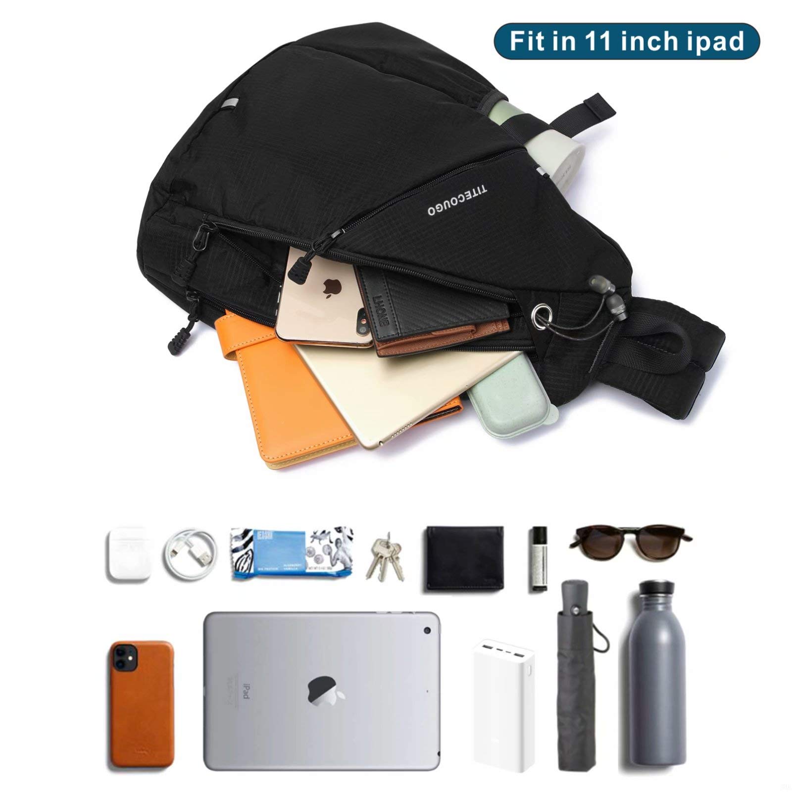 Mochila deportiva negra para hombre, 1 mochila transpirable y ligera, bolsa de hombro de cuero, paquete de día, mochila cruzada para mujeres, hombres, adolescentes, bolsa de viaje impermeable 3