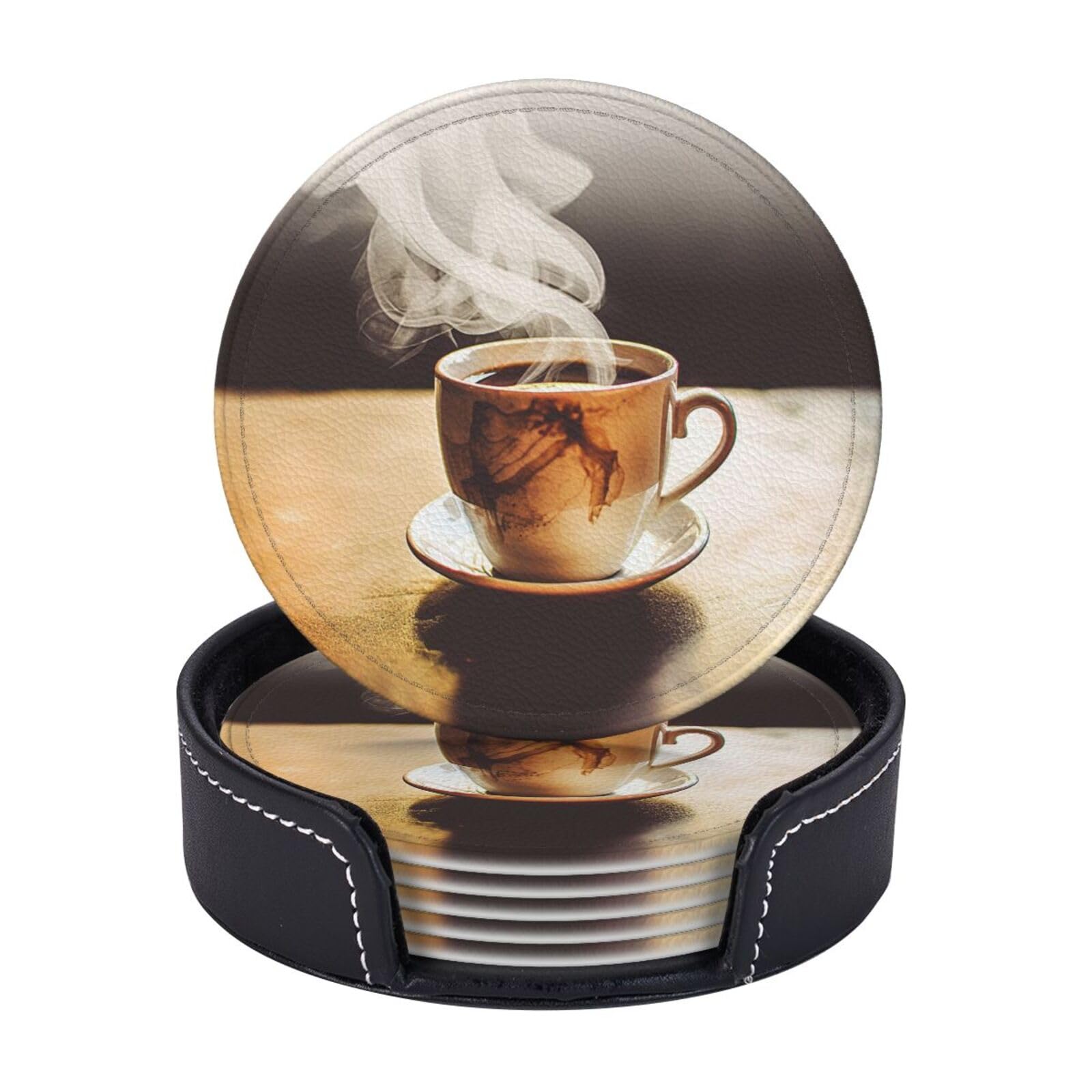 6Pcs PU Leather Coaster for Drinks, Hot Coffee Cup Coasters with Holder, Aesthetic Drink Coasters for Coffee Table, Round Coaster for Tabletop Protection 4" Cup Mat Pad