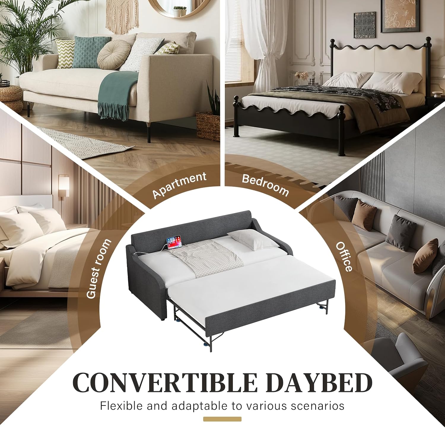Twin Size Daybed with Pop Up Trundle Bed,w/USB Port,Corduroy Upholstered Day Bed Frame with Twin Roll-Out Trundle,Modern Extendable Twin to King Daybed with Trundle for Living Room,Dark Grey