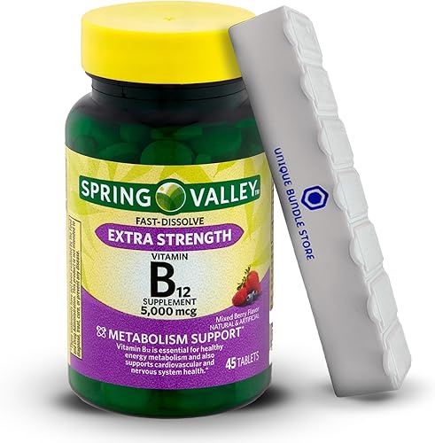 Spring Valley - Vitamina B12 de 5000 mcg, 45 tabletas con sabor a bayas mixtas, suplemento dietético de disolución rápida + organizador de píldoras