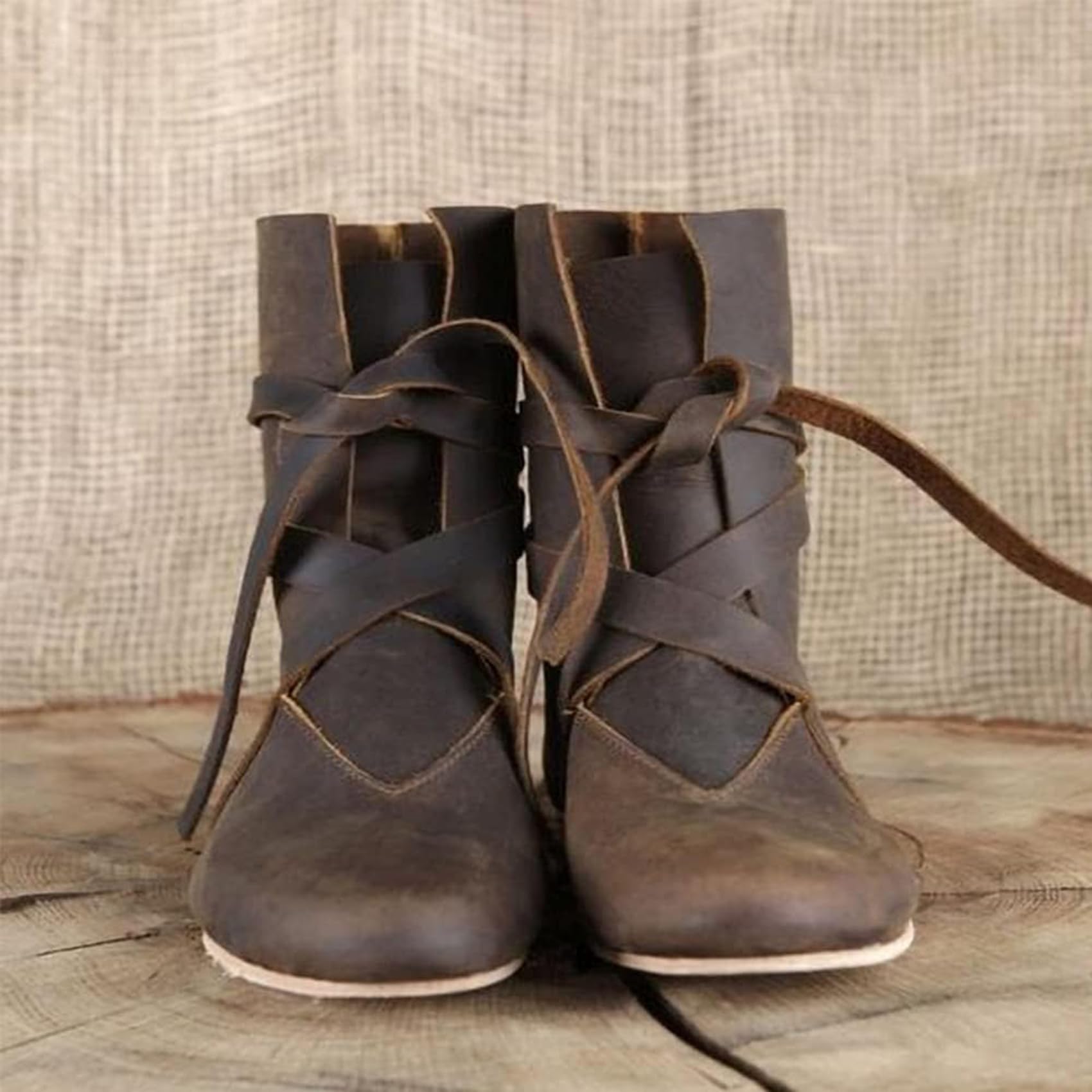 DJFOG Średniowieczne buty rycerskie ze skóry PU, średniowieczne renesansowe buty cosplay dla mężczyzn i kobiet, vintage płaskie dno buty sznurowane buty