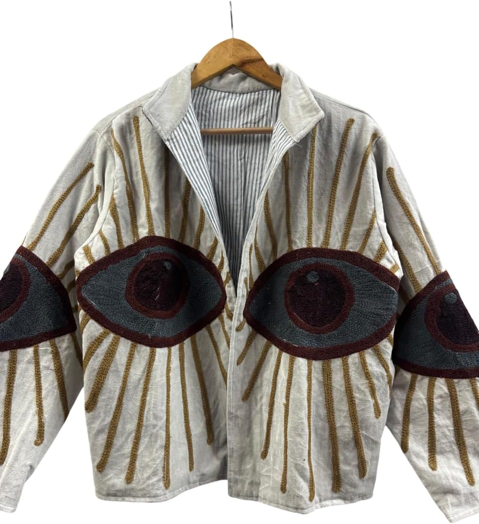 Embroidered Evil Eye Motif Jacket, Beige, Cotton Blend, Long Sleeve, Collared, Striped Lining, Artistic Design