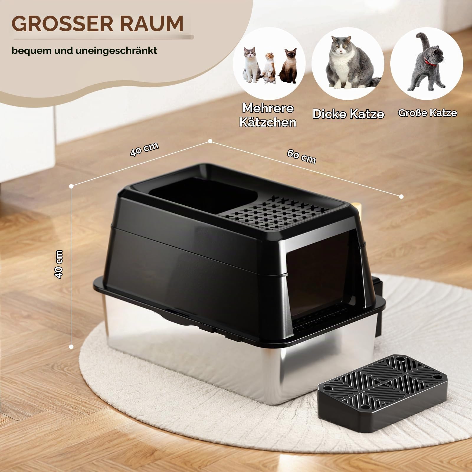 FRETONBA Katzenklo Edelstahl XXL, Katzentoilette 26L Groß Kapazität, Katzentoiletten Hochwandig, Auslaufsicher und Leicht zu Reinigen, Cat Litter Box mit Deckel, Pedal, Schaufel, Schwarz