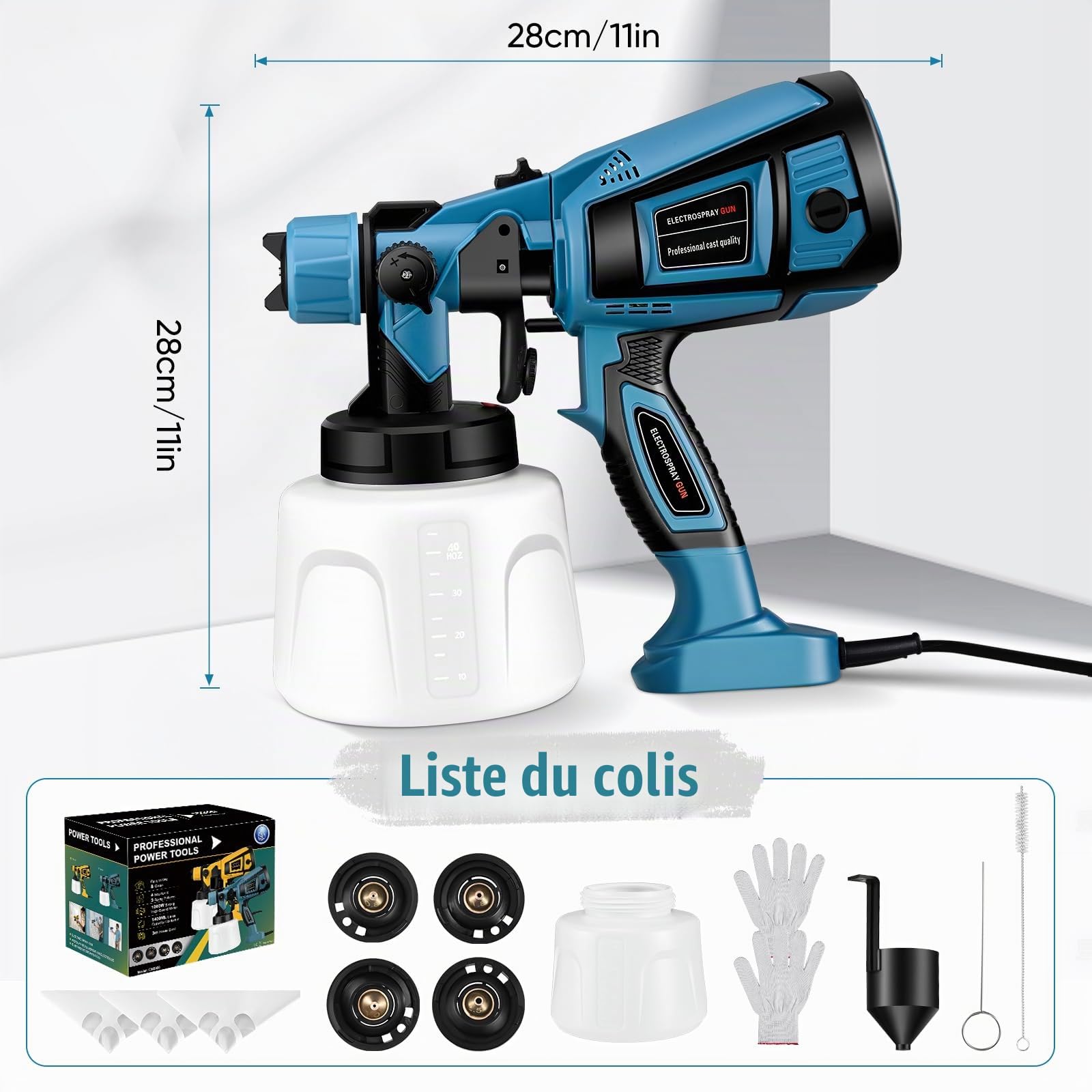 Pistolet a Peinture,800W HVLP Pistolet à Peinture Électrique,5 Buses en cuivre et 3 Motifs, Réservoir de 1400 ML, pour Intérieur et Extérieur de Maison, Armoires, Clôtures, Plafonds(Bleu)