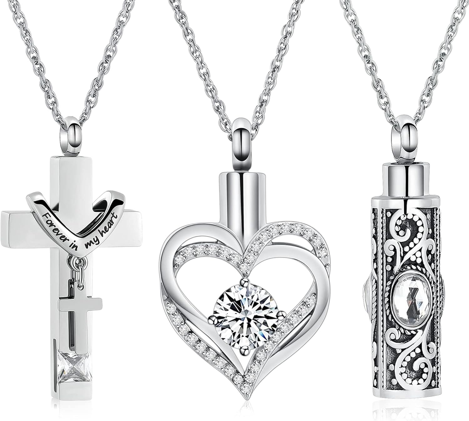 shajwo 3 Pack Urn Necklace for Ashes for Women Gilrs Heart Cross Cylinder Cremation Jewelry for Ashes Memorial Keepsake Birthstone Pendant