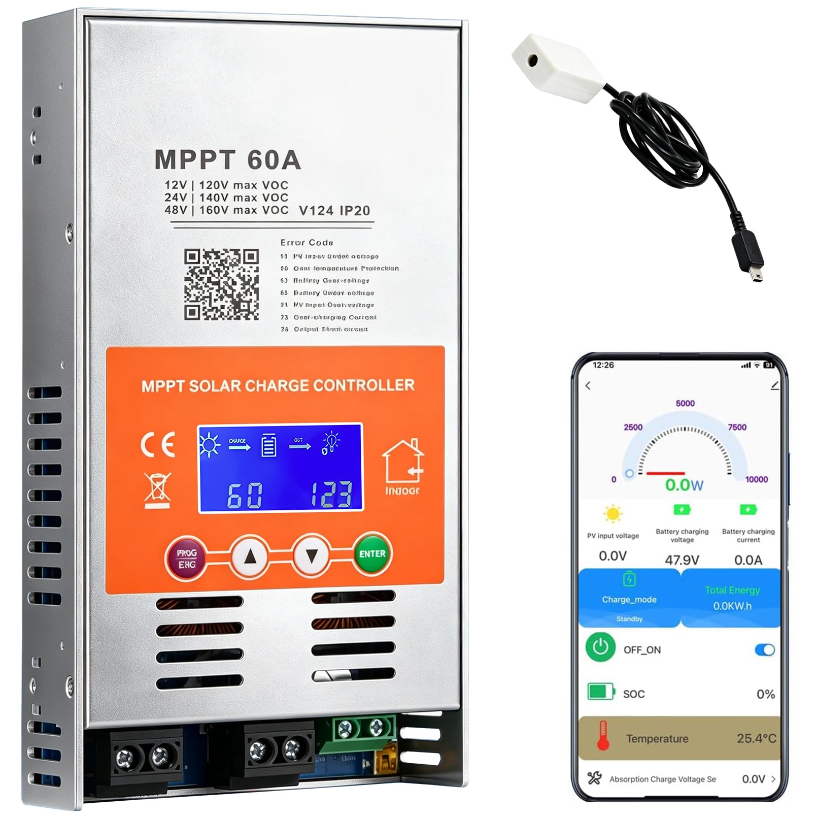 MPPT Laderegler Solar 60A 12V/24V/48V Auto, Solarregler mit LCD-Anzeige, Max PV Leerlaufspannung 160V, Eingebauter WiFi Adapter APP Fernsteuerung, ohne Batterie