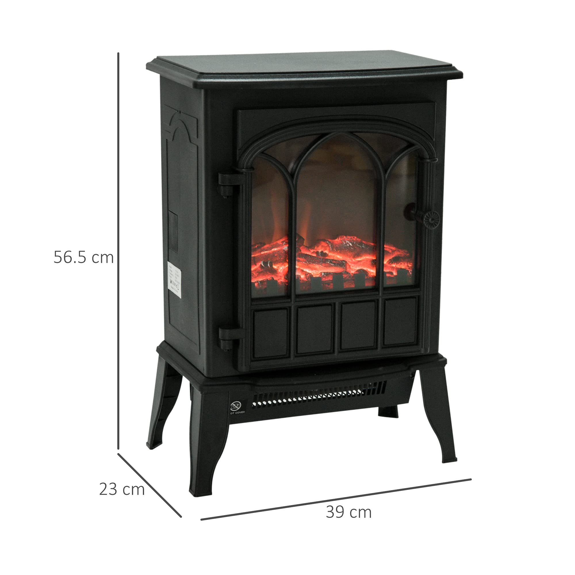 HOMCOM Camino da Terra Elettrico Potenza 1000W / 2000W con Effetto Fiamma Luminosità Regolabile, Caminetto Elettrico con Temperatura Regolabile e Protezione Anti Surriscaldamento, 39x23x56.5cm, Nero