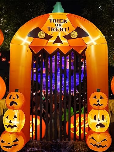 Miniatura 7 de Kalolary Arco de calabaza inflable de Halloween de 9.5 pies, puerta alta con luz LED, decoración de Halloween para interiores y exteriores,