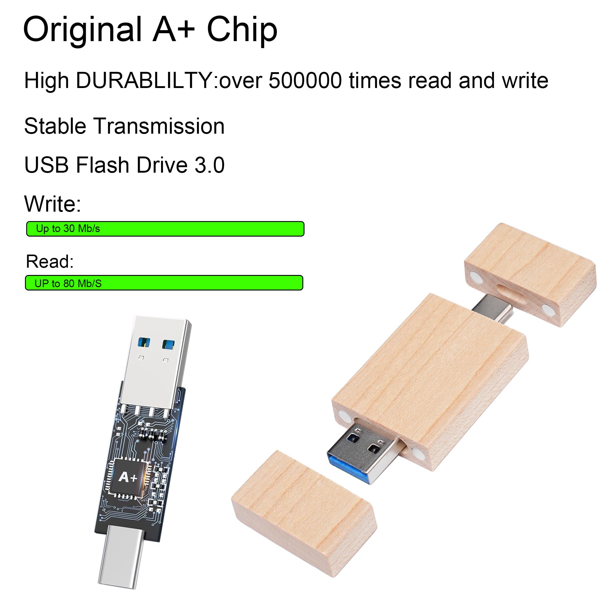 Chiavetta USB C da 32 GB, chiavetta USB 3.0 ad alta velocità, tipo C, doppia OTG, in legno d'acero, per TV, auto, smartphone, PC, laptop