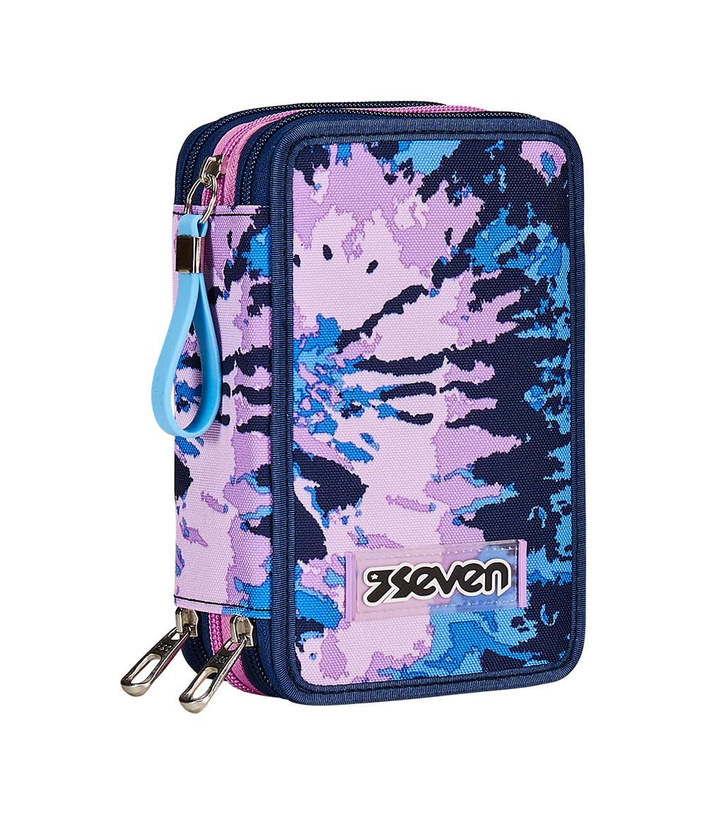 Seven Federmäppchen, Mäppchen, Mehrfarbig, Federtasche für Schreibwaren, Etui komplett mit Bleistiften, Filzstiften, Schulmaterial, mit 3 Fächern, Mädchen, Schule - Grundschule, Purple, Taglia Unica