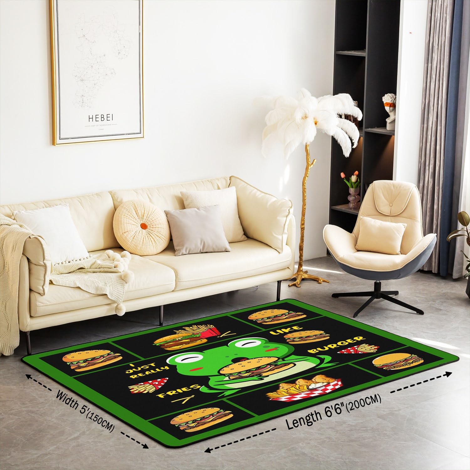 Alfombra de rana de 150 x 200 cm para niños, diseño de rana kawaii, para sala de estar, para niños, niñas, papas fritas, hamburguesas, alimentos, alfombra decorativa de dibujos animados, alfombra