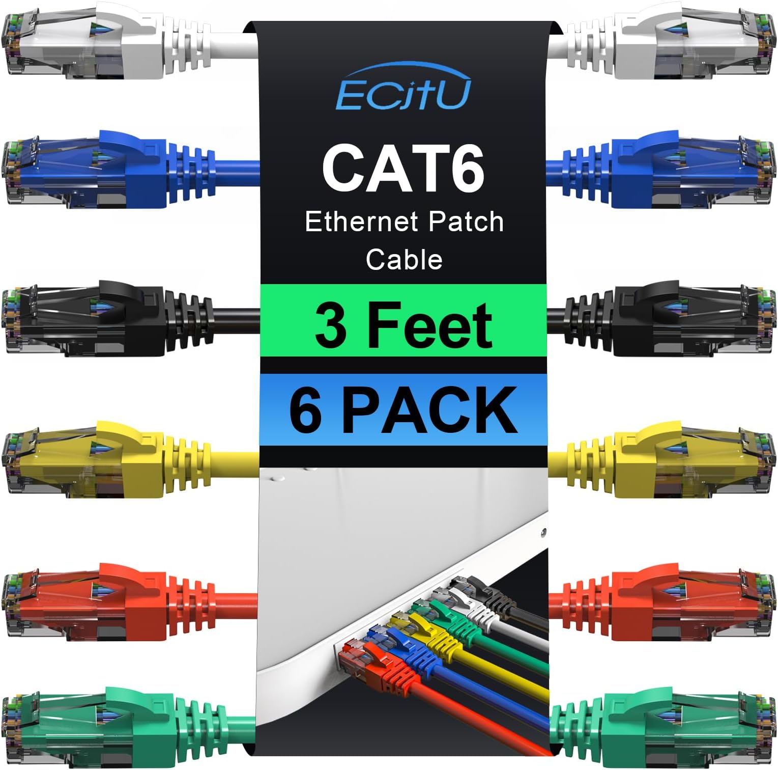 Cat6 Patch Cables 3 Feet (6 Pack), Cat 6 Ethernet Cable, 24AWG CCA Cord, UTP Network, Internet Cable, Compatible for PC, Laptop, Routers, Switches, Servers, Printers, RJ45 LAN with 25 Cable Ties - 3FT