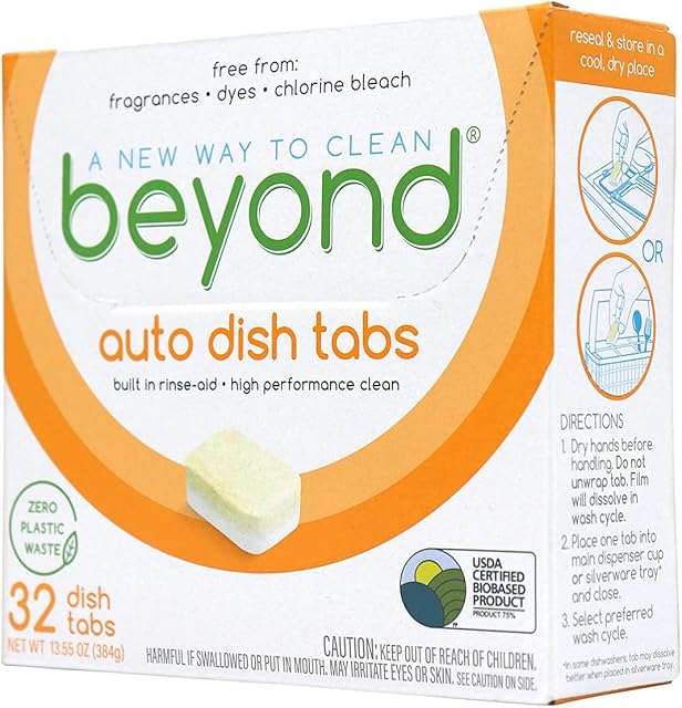 Beyond Natural Dishwasher Tablets [32 tablets] - Fragrance & Dye Free - Plastic Free Packaging - Certified Biobased. Powerful. Plant-Based Ingredients