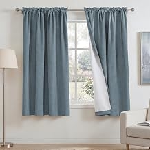 PrinceDeco Blackout Curtains 54 inch Length Rod Pocket Blackout Curtains for Bedroom Burlap Fabric with White Thermal Insulated Liner, 2 Panels52 x 54, Stone Blue