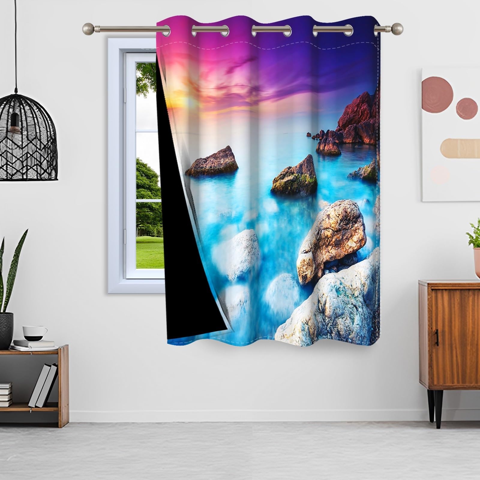 ggaimwf 42"x 63" Ocean Eyelet Curtain Blue Sea Beach Rock Sunset Fantastic Natural Scenery Nautical Theme Thermal Grommet Room Dividers Blackout Window Drapes for Bedroom Living Room,1-Single Panel - Image 4